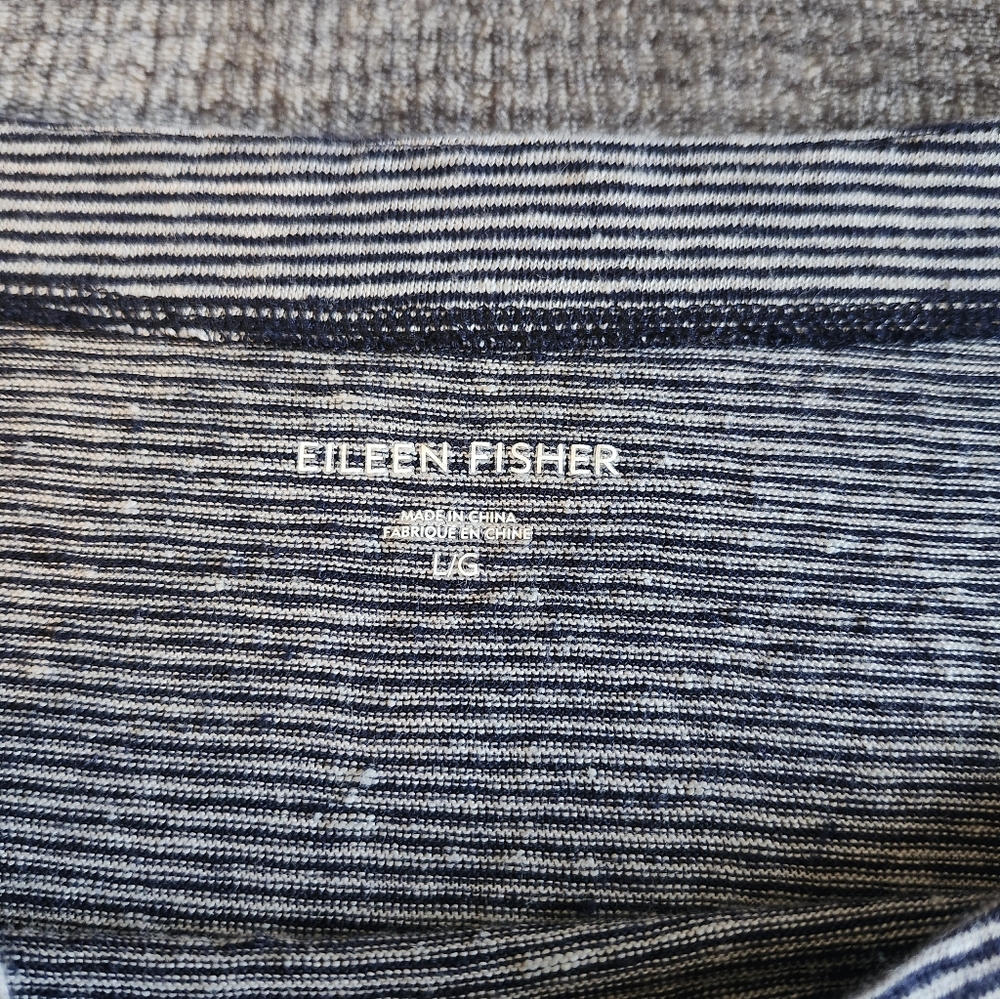 Eileen fisher Stripped 100% Linen Boat neck Long Flare Sleeve Large BLACK  Gray,